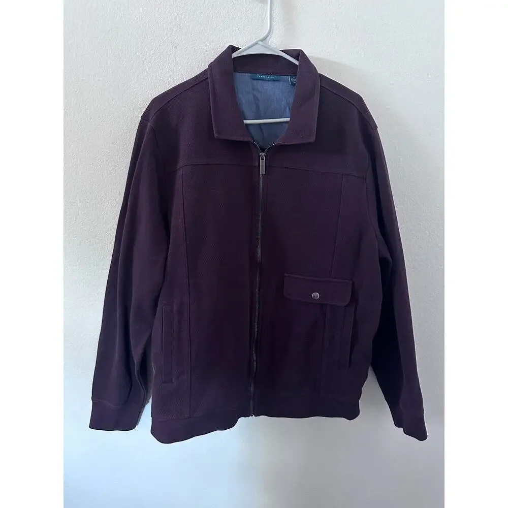 Perry Ellis mens size XL‎ maroon purple bomber jacket zip up cotton blend
